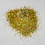 Small Flakes, Gold Holographic, Crushed, Irregular Shapes, Solvent Resistant